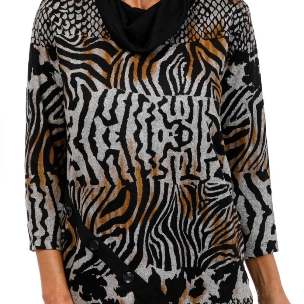 Thomas&Olivia Stylish Cowl Neck Animal Print Sweater - Black, Gray, Brown